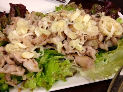 ゴーヤと豚バラのらっきょうのごま塩だれ焼き